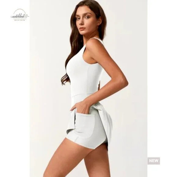 One Shoulder Tennis Dress with Built-in Shorts and Pockets, Athletic Mini Dress - Picture 4 of 5